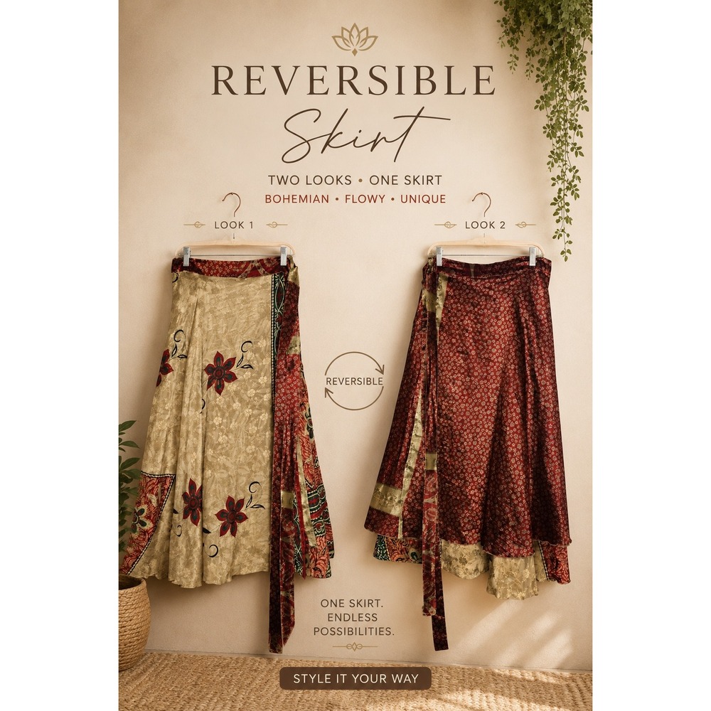 Reversible Indian Sari Wrap Skirt Boho Patchwork Adjustable Festival Art to Wear